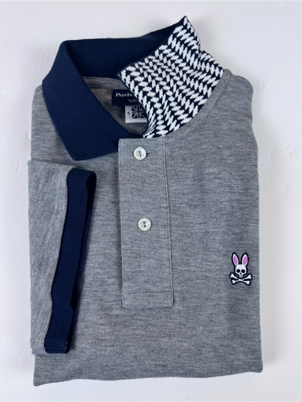 Psycho Bunny Pique Cotton Polo Size 5 Medium Grey Navy Houndstooth Collar pink
